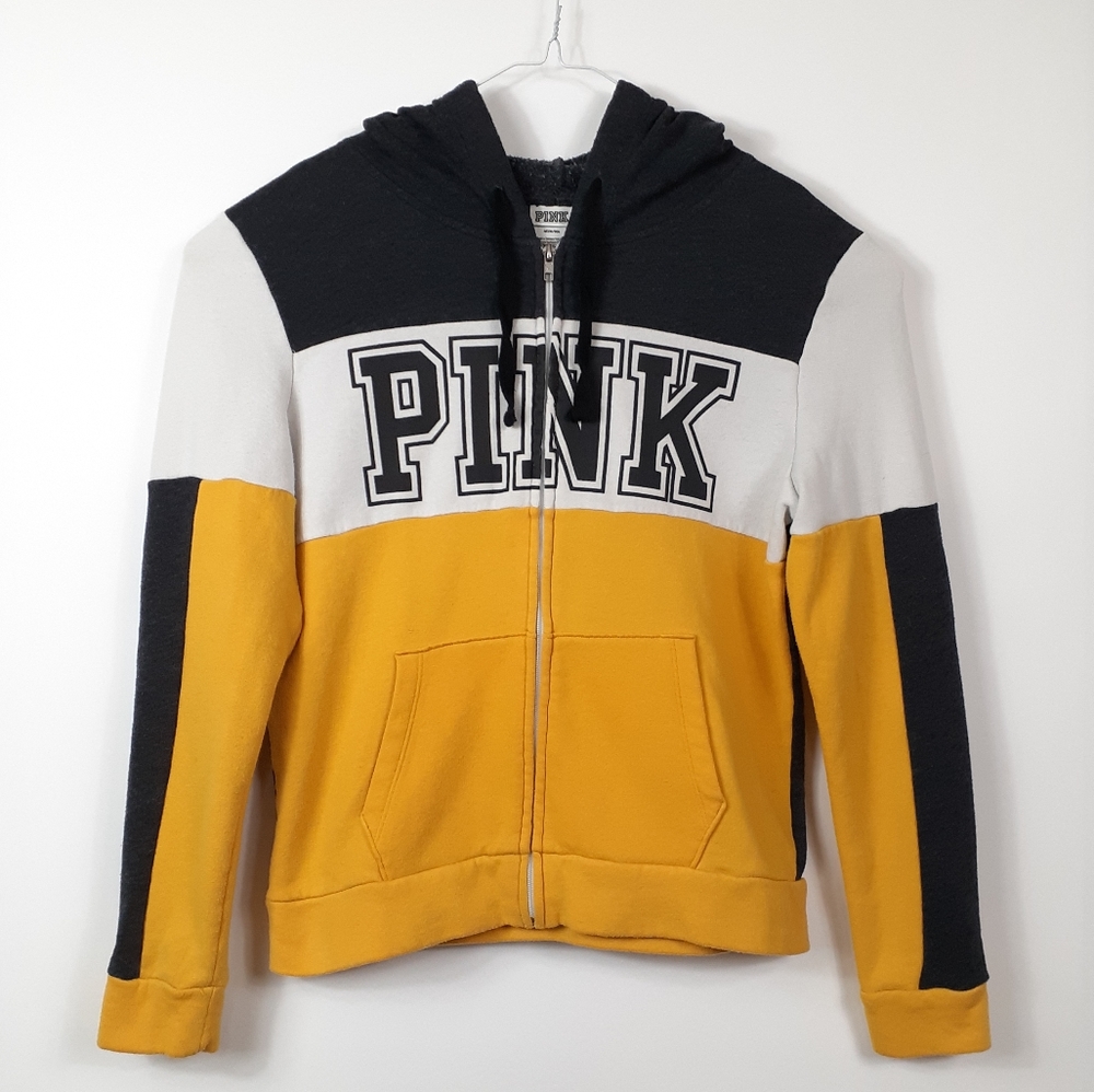 VS PINK Campus Colorblock Zip Hoodie Yellow Gray M